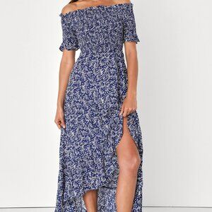 Fleur-tation Navy Blue Floral Print Off-the-Shoulder Midi Dress